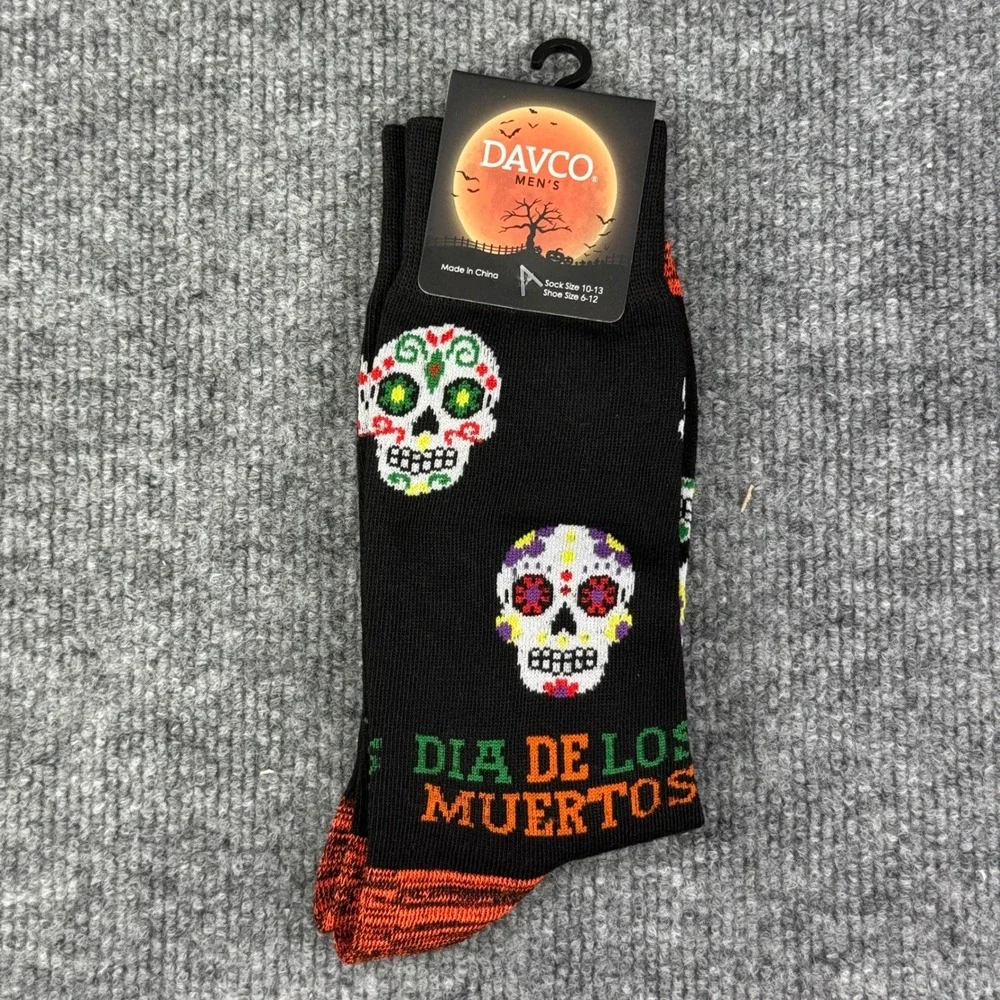 Davco Mens Dia De Los Muertos Sugar Skull Crew Socks Black Size 10-13 Shoe 6-12